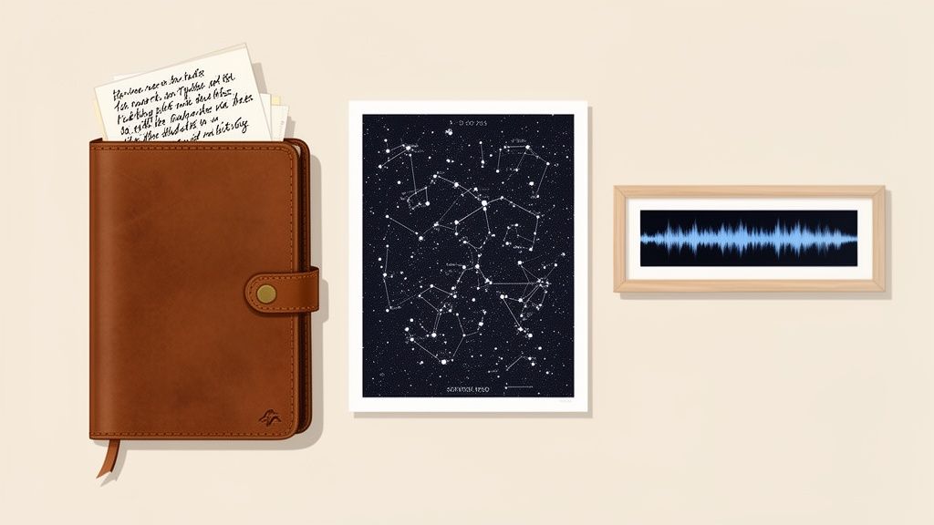 Three personalized framed gifts: a leather notebook, a star map, and a sound wave art print.